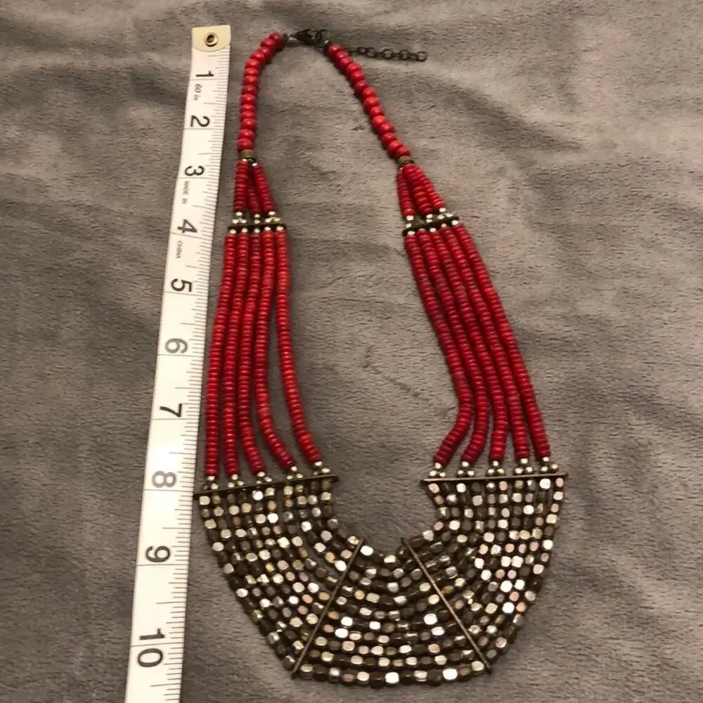 Red and Silver Beaded Statement Necklace